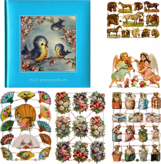 Poëziealbum - 16x16 - Lichtblauw Vogels - met 5 vellen Poëzieplaatjes - Versjes - Gedicht - Cadeau - Sint - Geschenk - Knutselen - Hobby - Creatief - Scrapbook - Poezie