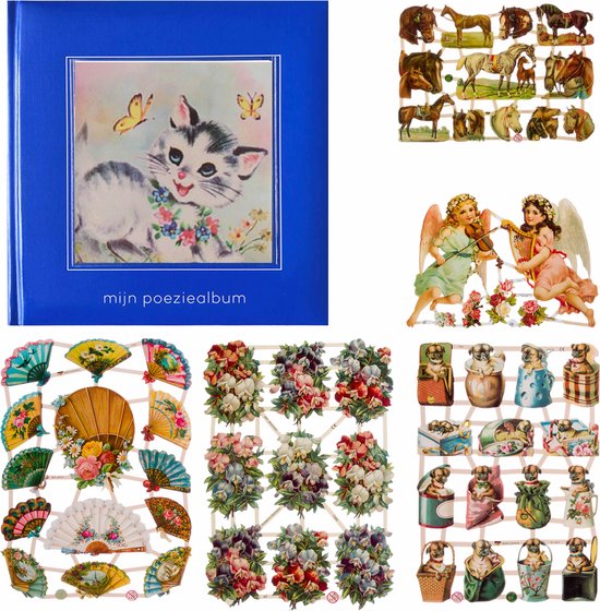 Poëziealbum - 16x16 - Donkerblauw - Poes met vlinders - met 5 vellen Poëzieplaatjes - Versjes - Gedicht - Cadeau - Sint - Geschenk - Knutselen - Hobby - Creatief - Scrapbook - Poezie