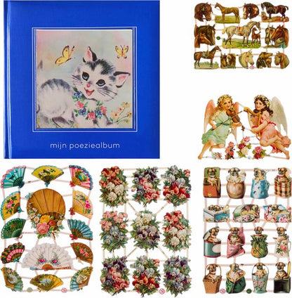 Poëziealbum - 16x16 - Donkerblauw - Poes met vlinders - met 5 vellen Poëzieplaatjes - Versjes - Gedicht - Cadeau - Sint - Geschenk - Knutselen - Hobby - Creatief - Scrapbook - Poezie