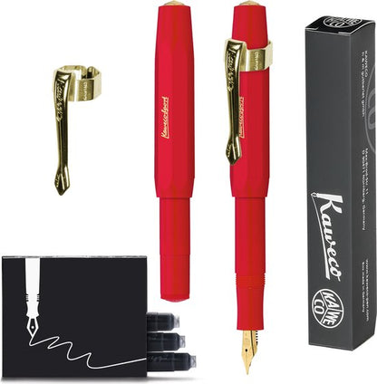 Kaweco  (3delig) - Vulpen CLASSIC SPORT ROOD Fountain Pen - Medium - Nostalgie Oktogonal Clip Vergoldet - Doosje Vullingen