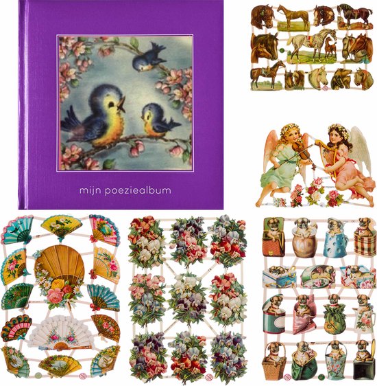 Poëziealbum - 16x16 - Paars - Vogels - met 5 vellen Poëzieplaatjes - Versjes - Gedicht - Cadeau - Sint - Geschenk - Knutselen - Hobby - Creatief - Scrapbook - Poezie