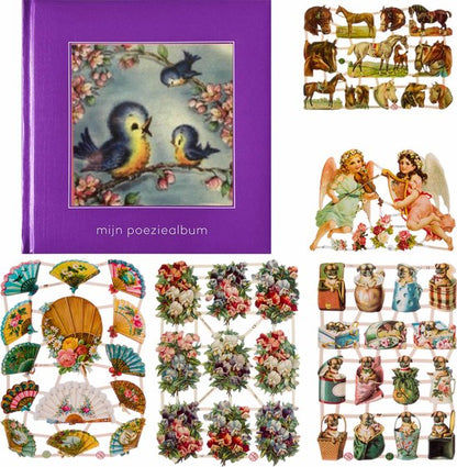 Poëziealbum - 16x16 - Paars - Vogels - met 5 vellen Poëzieplaatjes - Versjes - Gedicht - Cadeau - Sint - Geschenk - Knutselen - Hobby - Creatief - Scrapbook - Poezie