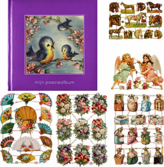 Poëziealbum - 16x16 - Paars - Vogels - met 5 vellen Poëzieplaatjes - Versjes - Gedicht - Cadeau - Sint - Geschenk - Knutselen - Hobby - Creatief - Scrapbook - Poezie