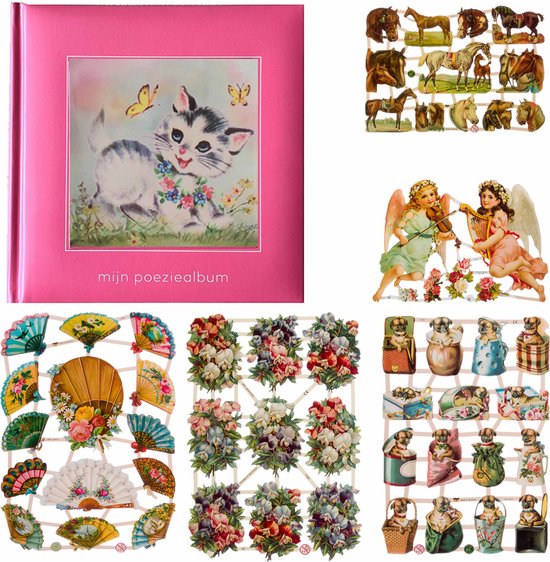 Poëziealbum - 16x16 - Roze - Poes met vlinders - met 5 vellen Poëzieplaatjes - Versjes - Gedicht - Cadeau - Sint - Geschenk - Knutselen - Hobby - Creatief - Scrapbook - Poezie