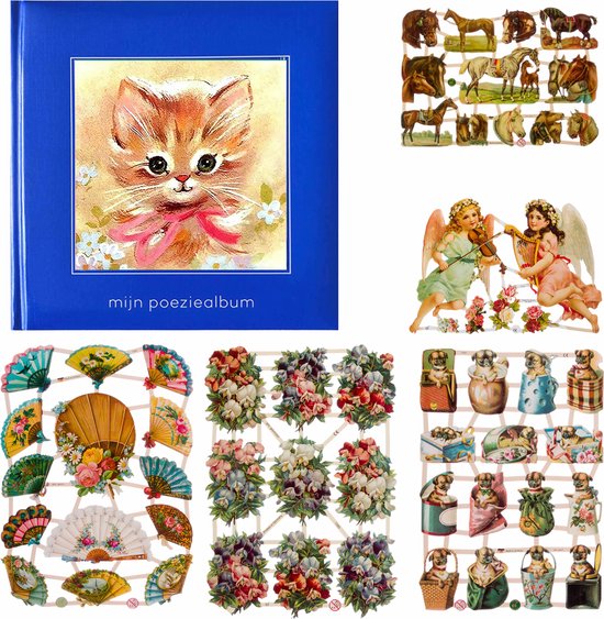 Poëziealbum - 16x16 - Donkerblauw - Poes met roze strik - met 5 vellen Poëzieplaatjes - Versjes - Gedicht - Cadeau - Sint - Geschenk - Knutselen - Hobby - Creatief - Scrapbook - Poezie