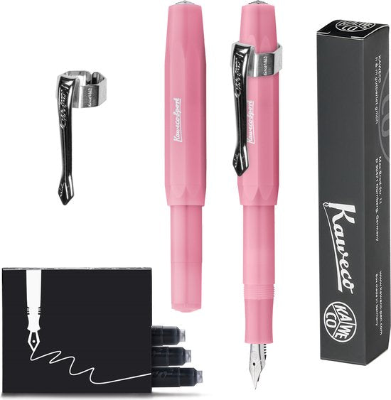 Kaweco (3delig) - Vulpen FROSTED SPORT BLUSH Fountain Pen - Breed - Nostalgic Octagonal Clip Chrome - Doosje Vullingen