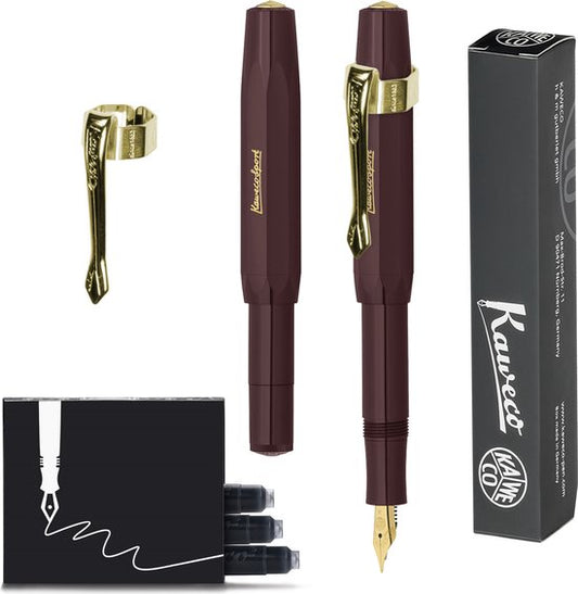 Kaweco (3delig) - Vulpen CLASSIC SPORT Burgundy Fountain Pen - Breed - Nostalgie Oktogonal Clip Vergoldet - Doosje Vullingen