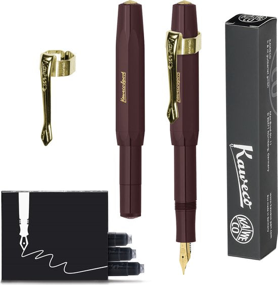 Kaweco (3delig) - Vulpen CLASSIC SPORT Burgundy Fountain Pen - Fine - Nostalgie Oktogonal Clip Vergoldet - Doosje Vullingen