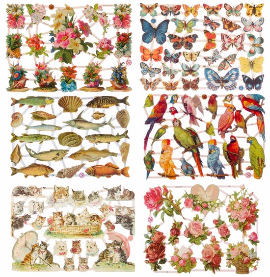 Poëzieplaatjes - 6 vellen - Bloemenmeisjes - Vissen - Vogels - Poezen - Vlinders - Bloemen - Poëziealbum - hobby - creatief - bulletjournaal - vriendenboek - dagboek - decoupage - knutselen - scrapbook