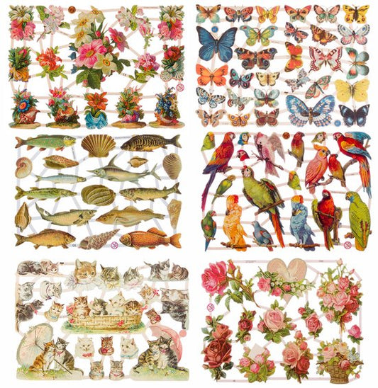 Poëzieplaatjes - 6 vellen - Bloemenmeisjes - Vissen - Vogels - Poezen - Vlinders - Bloemen - Poëziealbum - hobby - creatief - bulletjournaal - vriendenboek - dagboek - decoupage - knutselen - scrapbook