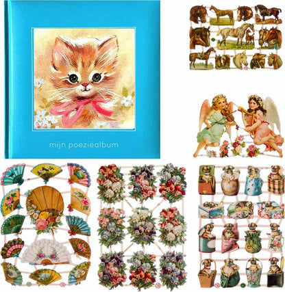 Poëziealbum - 16x16 - Lichtblauw Poes met rode strik - met 5 vellen Poëzieplaatjes - Versjes - Gedicht - Cadeau - Sint - Geschenk - Knutselen - Hobby - Creatief - Scrapbook - Poezie