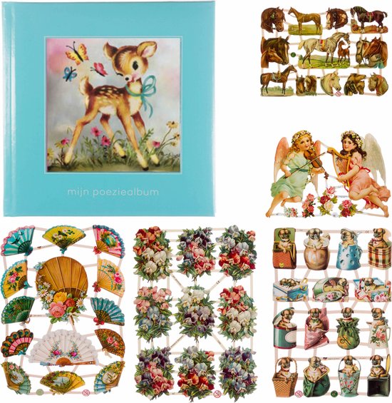 Poëziealbum - 16x16 - Lichtblauw Hertje met vlinders - met 5 vellen Poëzieplaatjes - Versjes - Gedicht - Cadeau - Sint - Geschenk - Knutselen - Hobby - Creatief - Scrapbook - Poezie