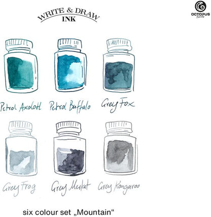 Octopus Write and Draw Ink Set MOUNTAIN, watervaste inkt voor schrijven en tekenen, kalligrafie inkt, lichtechte tekeninkt voor vulpen, glaspen, penseel, 6 x 10 ml