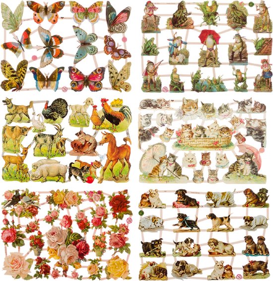 Poëzieplaatjes - Serie 1J - 6 vellen - plaatjes - hobby - creatief - decoupage - knutselen - scrapboek - met VLINDERS - KIKKERS - BOERDERIJ DIEREN - POEZEN - BLOEMEN - HONDEN