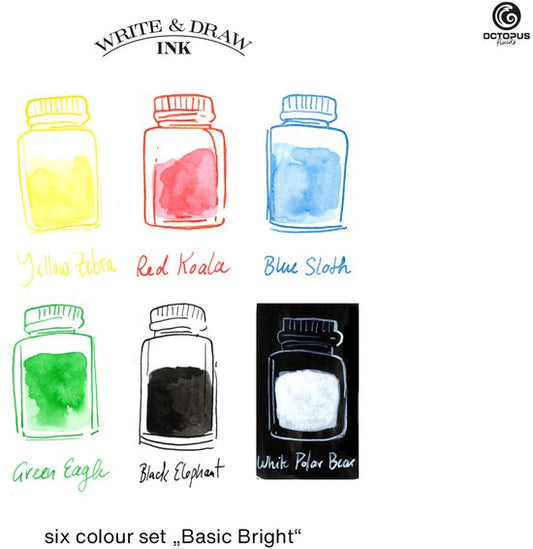 Octopus Write and Draw Ink Set BASIC BRIGHT, watervaste inkt voor schrijven en tekenen, kalligrafie inkt, lichtechte tekeninkt voor vulpen, glaspen, penseel, 6 x 10 ml