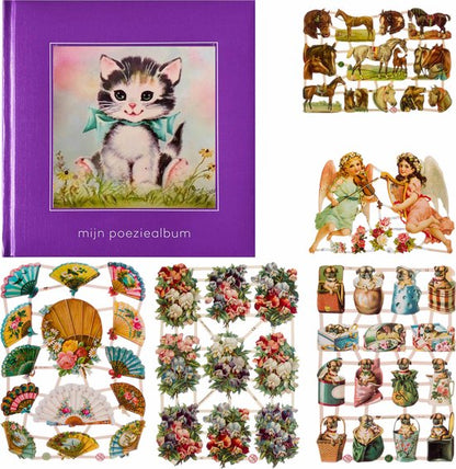 Poëziealbum - 16x16 - Paars - Poes met blauwe strik - met 5 vellen Poëzieplaatjes - Versjes - Gedicht - Cadeau - Sint - Geschenk - Knutselen - Hobby - Creatief - Scrapbook - Poezie