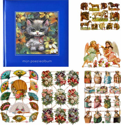 Poëziealbum - 16x16 - Donkerblauw - Poes met rode strik - met 5 vellen Poëzieplaatjes - Versjes - Gedicht - Cadeau - Sint - Geschenk - Knutselen - Hobby - Creatief - Scrapbook - Poezie