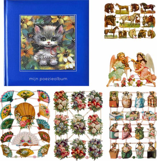 Poëziealbum - 16x16 - Donkerblauw - Poes met rode strik - met 5 vellen Poëzieplaatjes - Versjes - Gedicht - Cadeau - Sint - Geschenk - Knutselen - Hobby - Creatief - Scrapbook - Poezie