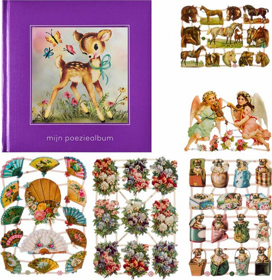Poëziealbum - 16x16 - Paars - Hertje met vlinders - met 5 vellen Poëzieplaatjes - Versjes - Gedicht - Cadeau - Sint - Geschenk - Knutselen - Hobby - Creatief - Scrapbook - Poezie