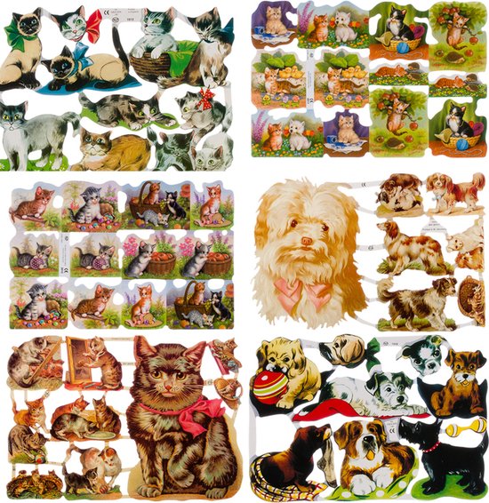 Poëzieplaatjes - 6 VELLEN - Poezen - Honden - Nostalgisch - Vintage look - Poëziealbum - hobby - creatief - bulletjournaal - vriendenboek - dagboek - decoupage - knutselen - scrapbook