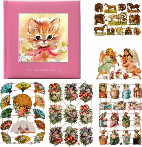 Poëziealbum - 16x16 - Lichtroze - Poes met roze strik - met 5 vellen Poëzieplaatjes - Versjes - Gedicht - Cadeau - Sint - Geschenk - Knutselen - Hobby - Creatief - Scrapbook - Poezie