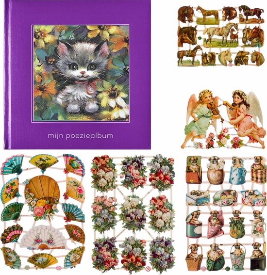 Poëziealbum - 16x16 - Paars - Poes met rode strik - met 5 vellen Poëzieplaatjes - Versjes - Gedicht - Cadeau - Sint - Geschenk - Knutselen - Hobby - Creatief - Scrapbook - Poezie