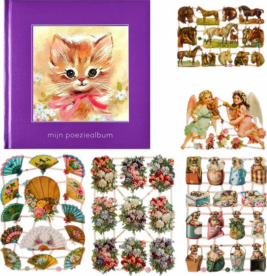 Poëziealbum - 16x16 - Paars - Poes met roze strik - met 5 vellen Poëzieplaatjes - Versjes - Gedicht - Cadeau - Sint - Geschenk - Knutselen - Hobby - Creatief - Scrapbook - Poezie