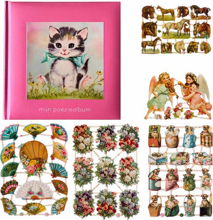 Poëziealbum - 16x16 - Roze - Poes met blauwe strik - met 5 vellen Poëzieplaatjes - Versjes - Gedicht - Cadeau - Sint - Geschenk - Knutselen - Hobby - Creatief - Scrapbook - Poezie