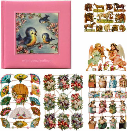 Poëziealbum - 16x16 - Lichtroze - Vogels - met 5 vellen Poëzieplaatjes - Versjes - Gedicht - Cadeau - Sint - Geschenk - Knutselen - Hobby - Creatief - Scrapbook - Poezie