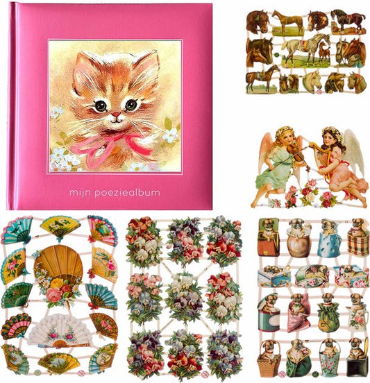 Poëziealbum - 16x16 - Roze - Poes met roze strik - met 5 vellen Poëzieplaatjes - Versjes - Gedicht - Cadeau - Sint - Geschenk - Knutselen - Hobby - Creatief - Scrapbook - Poezie