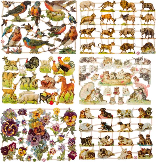 Poëzieplaatjes - 6 vellen - Vogels - Wilde dieren - Boerdrijdieren-Poezen - Bloemen - Honden - Poëziealbum - hobby - creatief - bulletjournaal - vriendenboek - dagboek - decoupage - knutselen - scrapbook