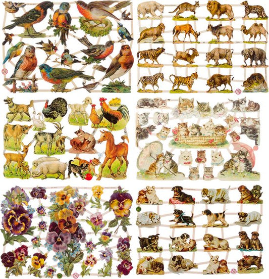 Poëzieplaatjes - 6 vellen - Vogels - Wilde dieren - Boerdrijdieren-Poezen - Bloemen - Honden - Poëziealbum - hobby - creatief - bulletjournaal - vriendenboek - dagboek - decoupage - knutselen - scrapbook