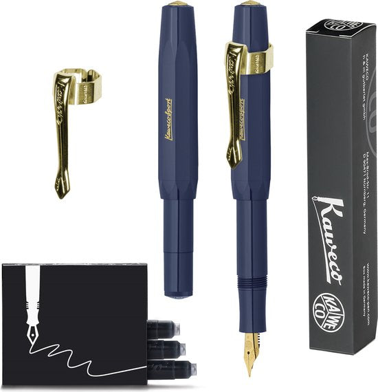 Kaweco  (3delig) - Vulpen CLASSIC SPORT NAVY Fountain Pen - Extra Fine - Nostalgie Oktogonal Clip Vergoldet - Doosje Vullingen