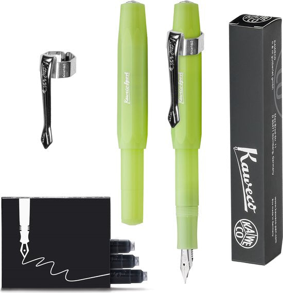 Kaweco  (3delig) - Vulpen FROSTED SPORT LIME Fountain Pen - Extra Fine - Nostalgic Octagonal Clip Chrome - Doosje Vullingen