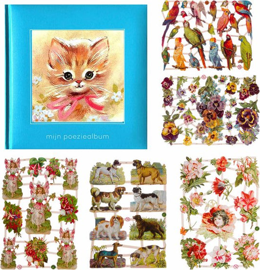 Poëziealbum - 16x16 - Lichtblauw - S7 - Poes met roze strik - met 5 vellen Poëzieplaatjes - Versjes - Gedicht - Cadeau - Sint - Geschenk - Knutselen - Hobby - Creatief - Scrapbook - Poezie