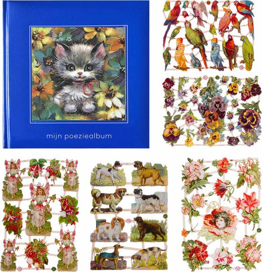 Poëziealbum - 16x16 - Blauw - S7 - Poes met rode strik - met 5 vellen Poëzieplaatjes - Versjes - Gedicht - Cadeau - Sint - Geschenk - Knutselen - Hobby - Creatief - Scrapbook - Poezie