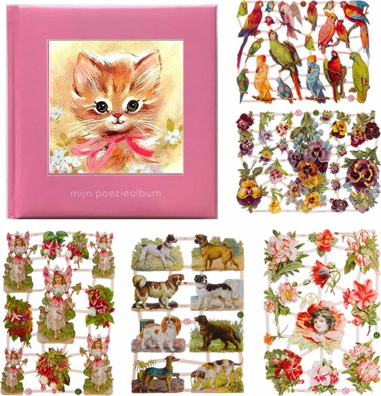 Poëziealbum - 16x16 - Lichtroze - S7 - Poes met roze strik - met 5 vellen Poëzieplaatjes - Versjes - Gedicht - Cadeau - Sint - Geschenk - Knutselen - Hobby - Creatief - Scrapbook - Poezie