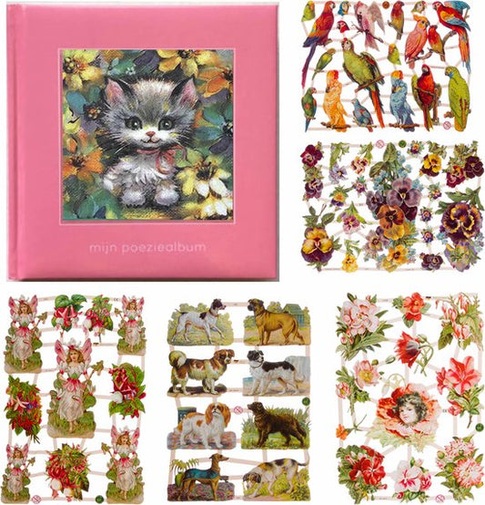 Poëziealbum - 16x16 - Lichtroze - S7 - Poes met rode strik - met 5 vellen Poëzieplaatjes - Versjes - Gedicht - Cadeau - Sint - Geschenk - Knutselen - Hobby - Creatief - Scrapbook - Poezie