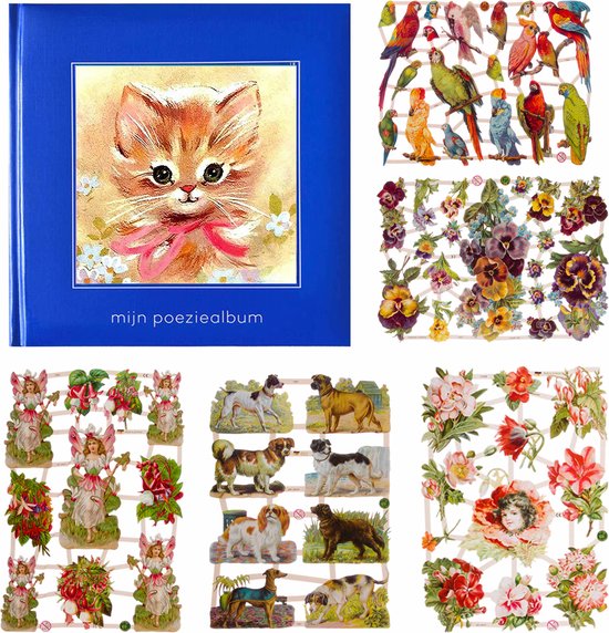 Poëziealbum - 16x16 - Blauw - S7 - Poes met roze strik - met 5 vellen Poëzieplaatjes - Versjes - Gedicht - Cadeau - Sint - Geschenk - Knutselen - Hobby - Creatief - Scrapbook - Poezie
