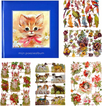 Poëziealbum - 16x16 - Blauw - S7 - Poes met roze strik - met 5 vellen Poëzieplaatjes - Versjes - Gedicht - Cadeau - Sint - Geschenk - Knutselen - Hobby - Creatief - Scrapbook - Poezie