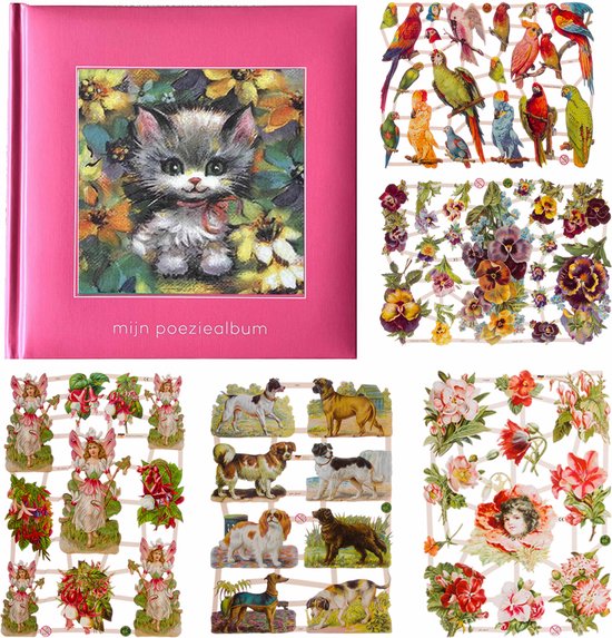 Poëziealbum - 16x16 - Roze - S7 - Poes met rode strik - met 5 vellen Poëzieplaatjes - Versjes - Gedicht - Cadeau - Sint - Geschenk - Knutselen - Hobby - Creatief - Scrapbook - Poezie