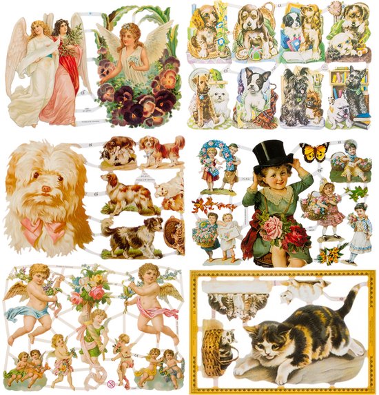 Poëzieplaatjes - 6 vellen - plaatjes - hobby - creatief - decoupage - knutselen - scrapboek - Engelen - Honden - Poezen