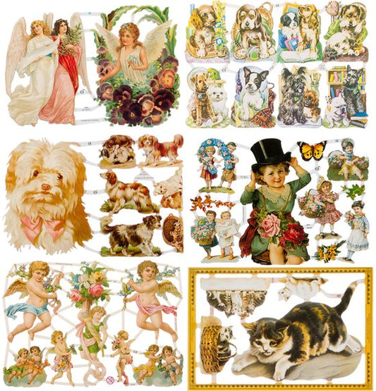 Poëzieplaatjes - 6 vellen - plaatjes - hobby - creatief - decoupage - knutselen - scrapboek - Engelen - Honden - Poezen