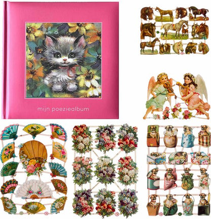 Poëziealbum - 16x16 - Roze - Poes met rode strik - met 5 vellen Poëzieplaatjes - Versjes - Gedicht - Cadeau - Sint - Geschenk - Knutselen - Hobby - Creatief - Scrapbook - Poezie