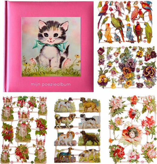 Poëziealbum - 16x16 - Roze - S7 - Poes met blauwe strik - met 5 vellen Poëzieplaatjes - Versjes - Gedicht - Cadeau - Sint - Geschenk - Knutselen - Hobby - Creatief - Scrapbook - Poezie