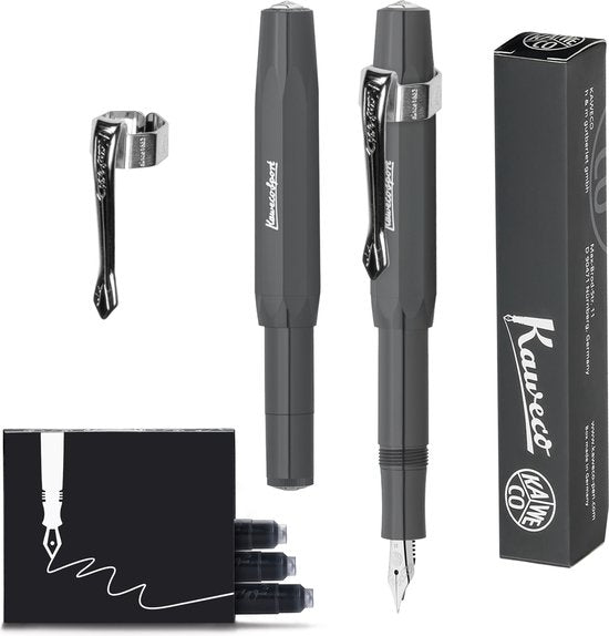 Kaweco - Vulpen (3delig) - Vulpen Sport Skyline Grijs Fountain Pen - Medium - Nostalgic Octagonal Clip Chrome -  doosje vullingen