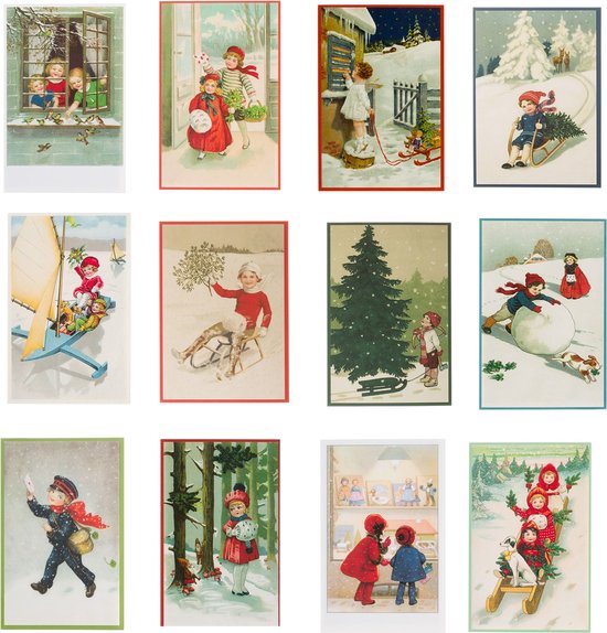 Nostalgische kerstkaarten - 12 stuks - Klassieke Vintage afbeeldingen - Winter - Sneeuw - Feestelijk - Jaarwisseling - Oude Brocante kerstkaarten