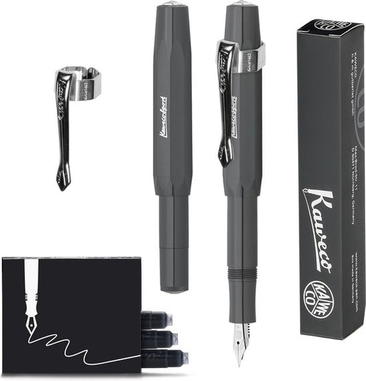 Kaweco - Vulpen (3delig) - Vulpen Sport Skyline Grijs Fountain Pen - Breed - Nostalgic Octagonal Clip Chrome -  doosje vullingen