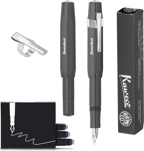 Kaweco - Vulpen Sport Skyline Grijs Fountain Pen - Breed - Oktogonal Clip Chrome - doosje vullingen