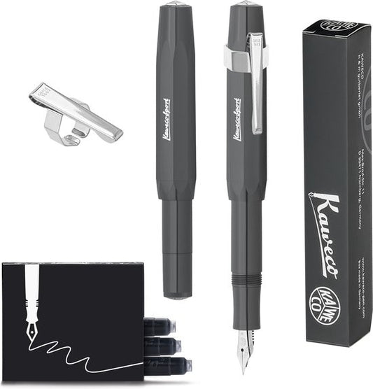 Kaweco - Vulpen Sport Skyline Grijs Fountain Pen - Breed - Oktogonal Clip Chrome - doosje vullingen